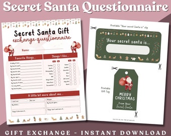 May include: Printable Secret Santa questionnaire with a red and white Santa Claus illustration. The questionnaire includes sections for name, favorite things, things you like, and a little bit more about you. It also includes a printable gift tag with a red and white Santa Claus illustration and the text "Merry Christmas from your Secret Santa".
