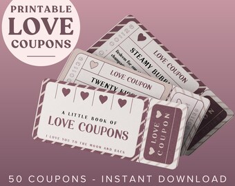 Printable Coupon Book. 50 Love Coupons/Naughty Coupon Book. Perfect as a Sexy Anniversary Gift or 6 Month Anniversary Gift For Boyfriend