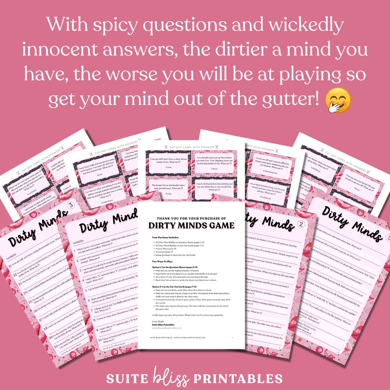 Dirty Minds Game. 50 Printable Dirty Minds Riddles for Epic Hen Party ...