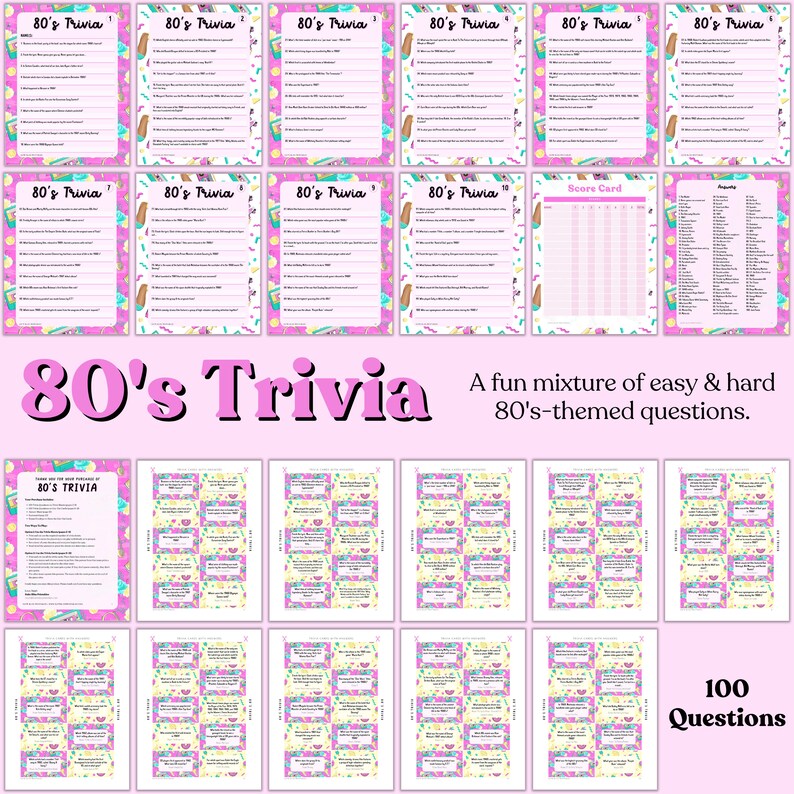 Printable 80s Trivia Game. 100 Trivia Questions for an 80s Trivia Night ...