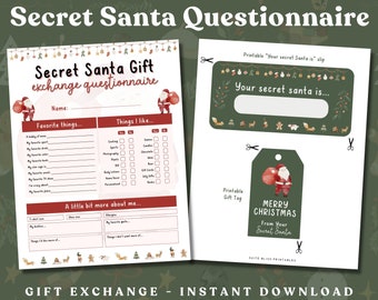 Secret Santa Questionnaire Printable. Christmas Gift Exchange Games for the Office, Family, or Friends. Secret Santa Gift, Secret Santa Form