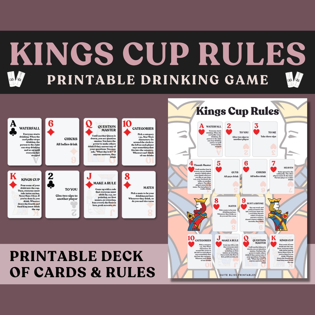 Kings Cup Rules & Playing Cards. Printable Drinking Games for Parties,  Bachelorette Games, Bridal Shower Games, and Bachelor Party Games 