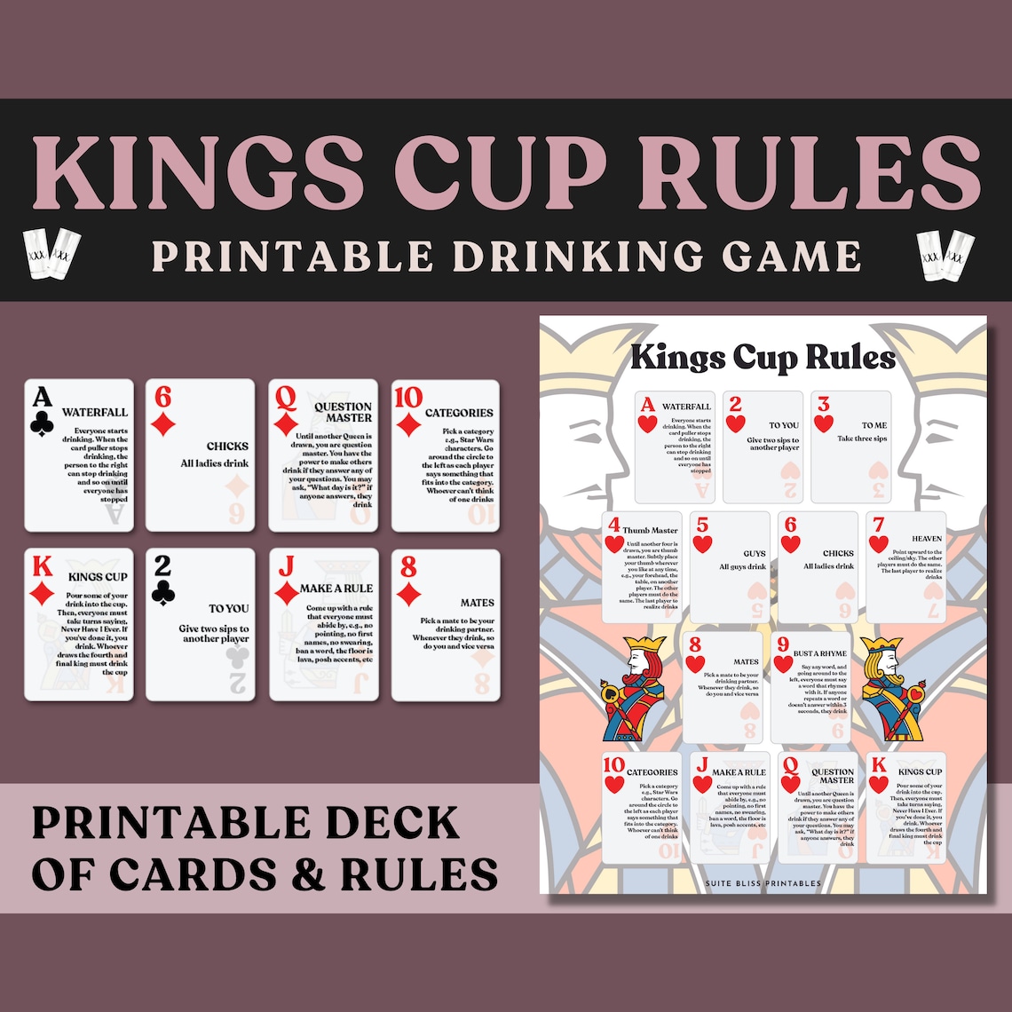 Kings Cup Rules & Playing Cards. Printable Drinking Games for Etsy