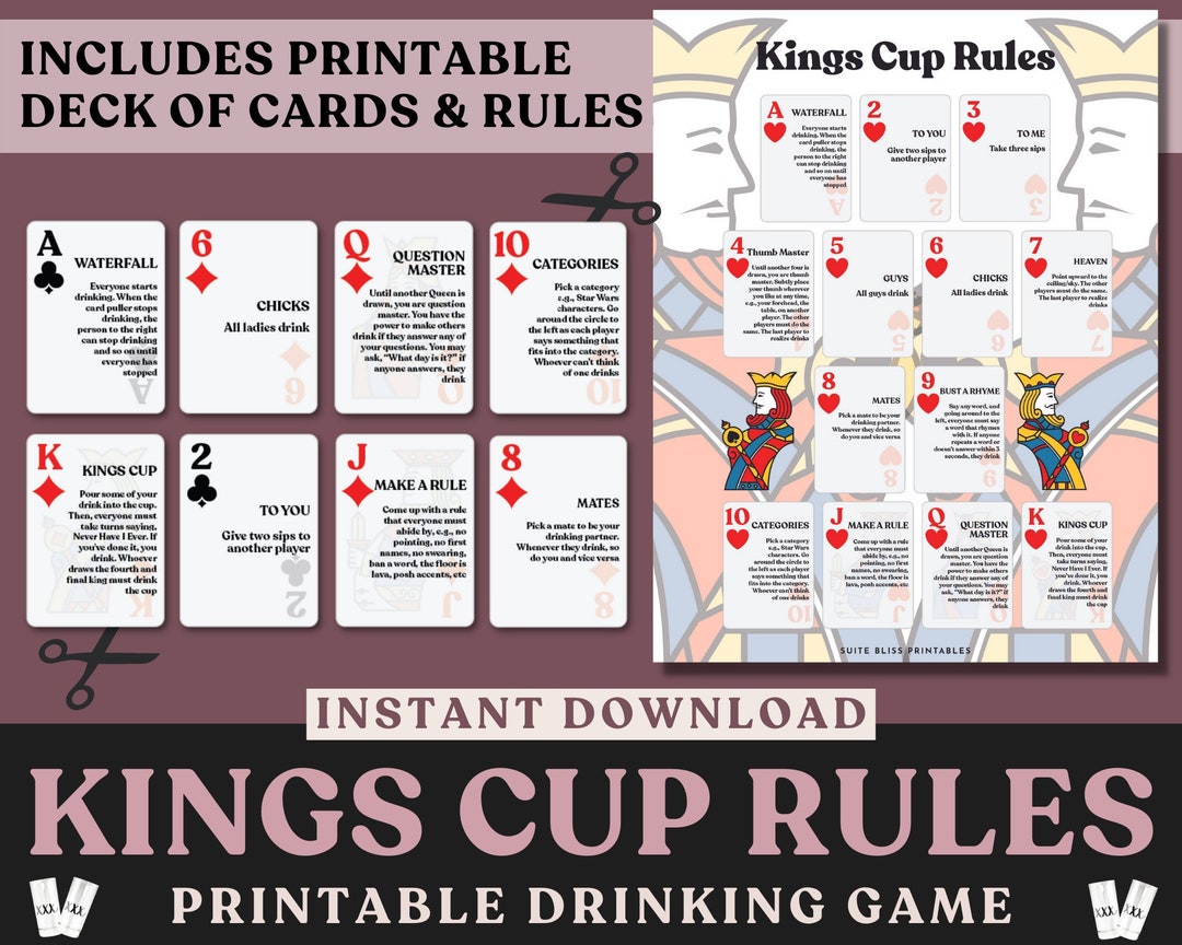 Kings Cup Rules &amp; Playing Cards. Printable Drinking Games for - Etsy