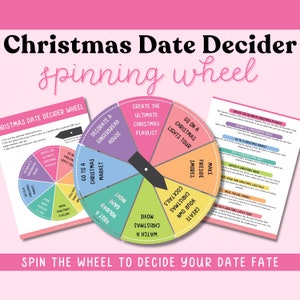 Afdrukbare kerstdatumbeslisser spinnewiel. Datumnachtideeën voor december. Kerstcadeaus voor je vriend of vriendin. Leuke date-ideeën