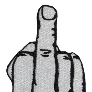 May include: A black and white embroidered patch of a middle finger. The finger is raised and the palm is facing the viewer.
