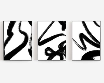 Minimalist Black and White Abstract Line Art Prints - Set of 3 (Digital Download)