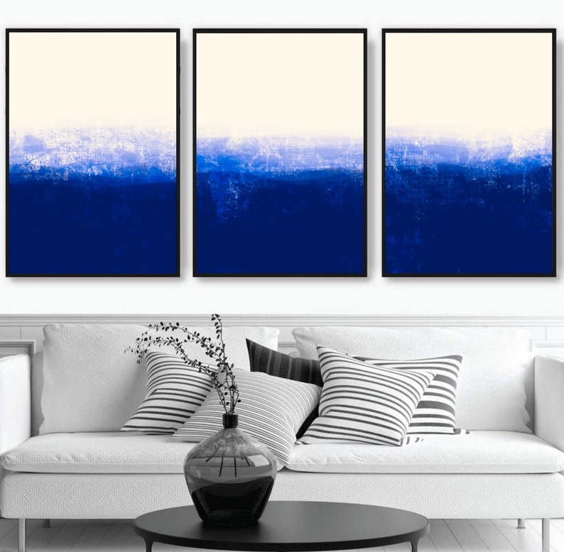 3 Piece Wall Art Abstract Water Art Prints Digital Download, Blue Waves
