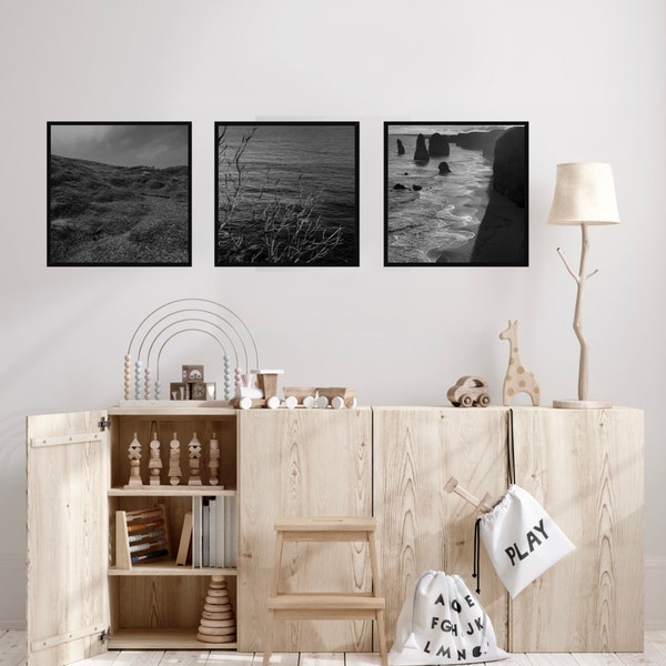 Square Photo Prints Black And White Nature Photography, 3 Piece Wall Art Digital Download, Printable Square Poster Print Set, Ocean View Set