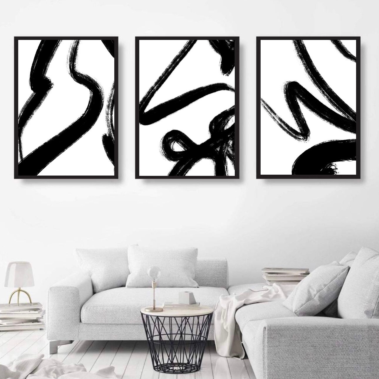 Minimalist Black and White Abstract Line Art Prints - Set of 3 (digital ...