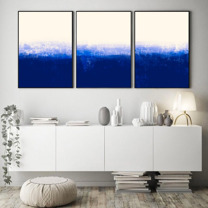 3 Piece Wall Art Abstract Water Art Prints Digital Download, Blue Waves