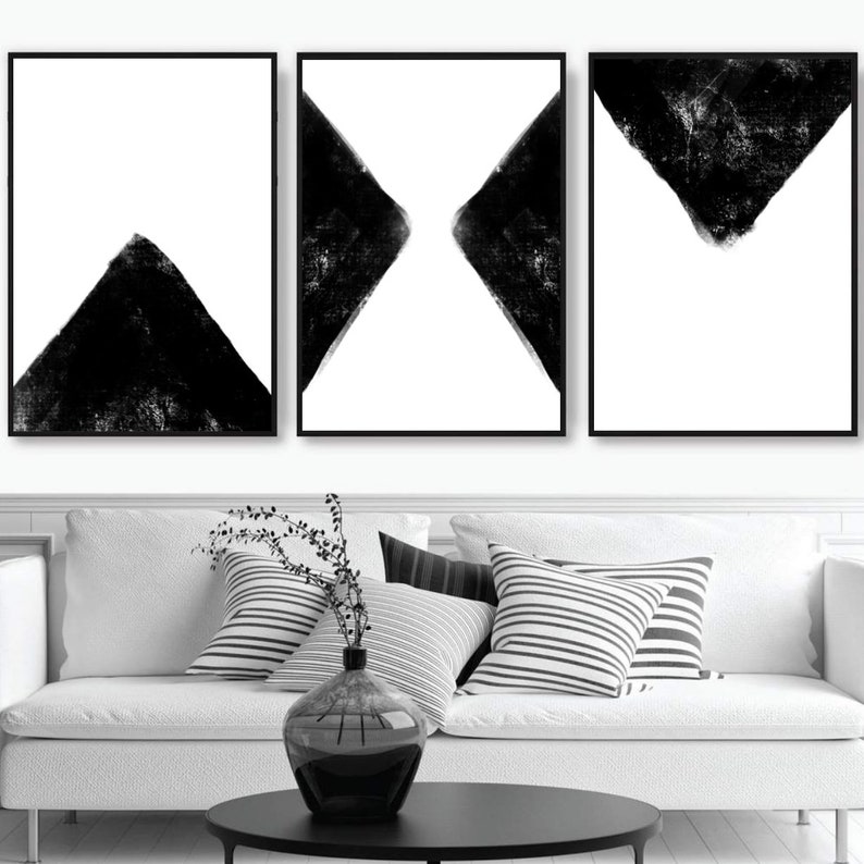 Triangle Geometric Print Wall Art Set of 3, Printable Digital B&amp;W Art ...