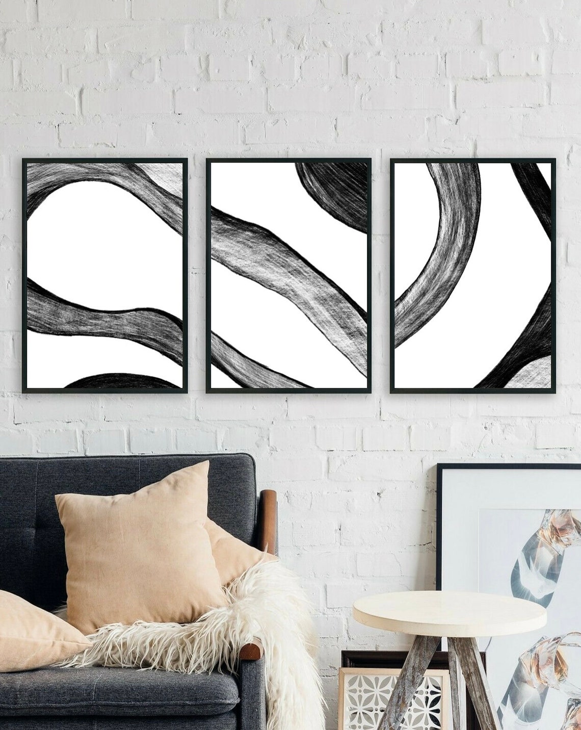 Black and White Trio Wall Art Set, Pencil Drawing Set of 3 Abstract Art