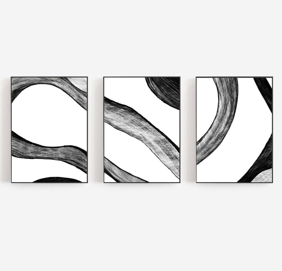 Black and White Trio Wall Art Set, Pencil Drawing Set of 3 Abstract Art ...