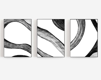 Contemporary B&W Art Set of 3 Black and White Abstract Art - Etsy
