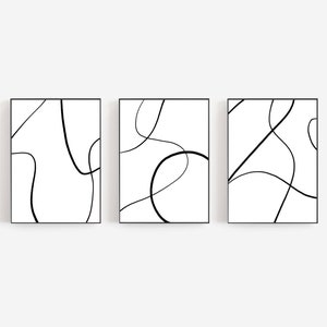 Single Line Zeichnung Skandinavisches Set mit 3 Kunstdrucken, Schwarzweiße Abstrakte Boho Wandkunst, Poster Druck Set Minimalistischer Digitaler Download