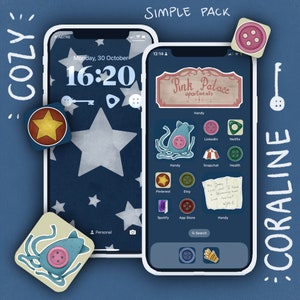 Può includere: Illustrazione digitale di uno schermo del telefono che mostra un tema della schermata iniziale personalizzato. Il tema include icone di app, widget e una schermata di blocco con un motivo a stelle. Le parole "COZY" e "CORALINE" sono scritte ai lati.