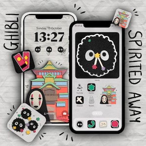 May include: Two smartphones displaying Ghibli-themed app icons and a lock screen. The lock screen shows the time and date. Additional app icons and stickers feature characters and imagery from Spirited Away, including a soot sprite and No-Face.