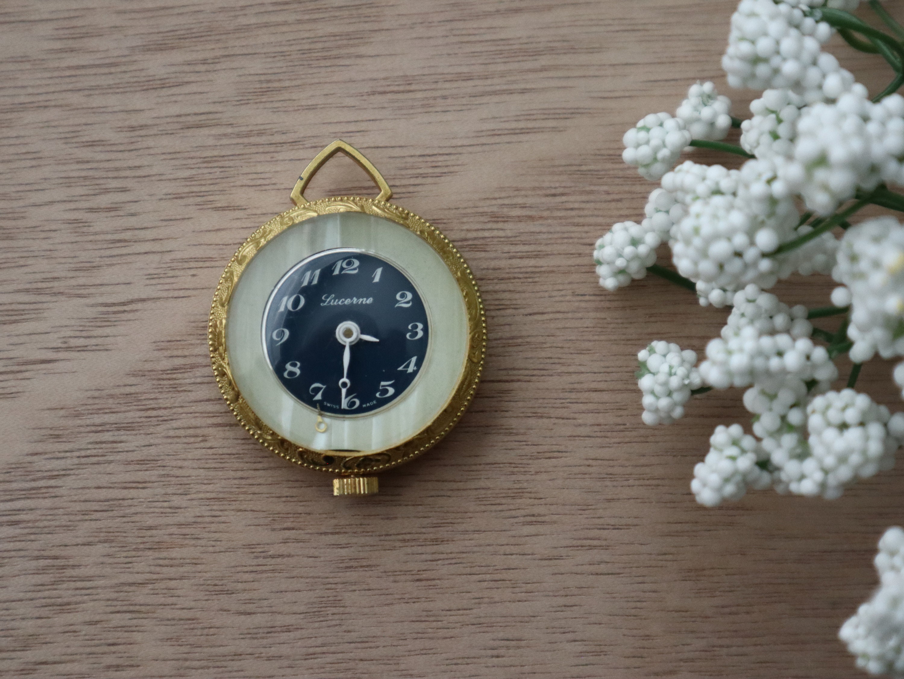 Vintage Lucerne Pocket Watch Pendant, Navy Blue Dial, Gold Tone