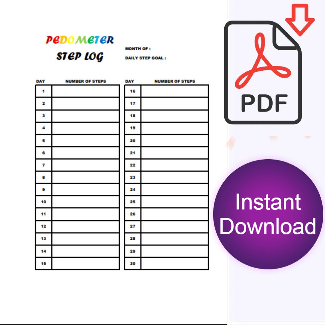 Steps Log for Pedometer A4 Size Printable Digital File Etsy