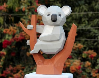 Koala 3d paper craft SVG and PDF, 3d paper craft koala, low poly 3d koala, koala on tree DIY origami decoration template