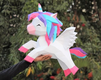 Unicornio papercraft SVG y PDF, baja poli 3d papercraft unicornio DIY origami decoración pepakura plantilla