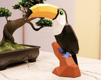 Modèle d'artisanat en papier toucan SVG et PDF, modèle de modèle de bricolage toucan en papier, toucan en origami, toucan low poly