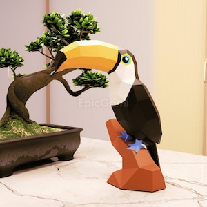 Modello di carta artigianale 3D di tucano SVG e PDF, modello di carta artigianale fai da te di tucano, origami di tucano, tucano low poly
