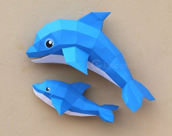 Dolfijn Papercraft SVG en PDF, papercraft vis, moeder en baby dolfijn model 3d laag poly papercraft DIY origami decoratie pepakura