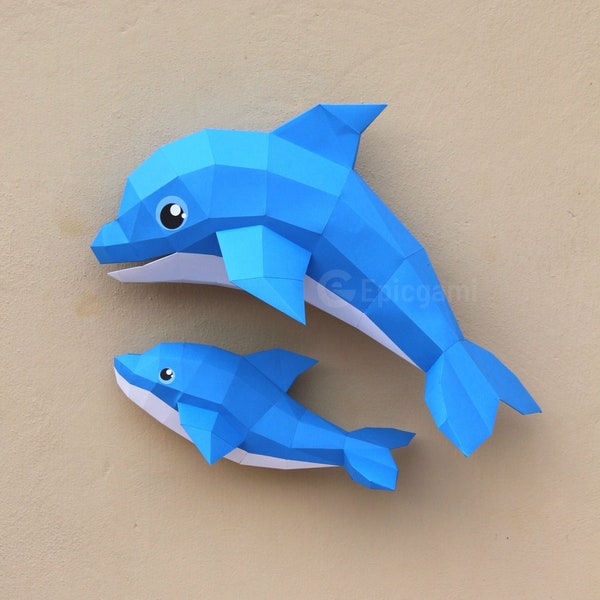 Delfin aus Papier SVG und PDF, Papiermodell Fische, Mutter und Baby Delfin Modell 3d Low Poly Papiermodell DIY Origami Dekoration Pepakura