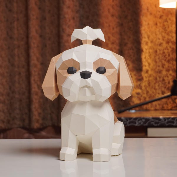 Modelo 3D de Shih Tzu em Papercraft | Faça Você Mesmo: Cachorro em PDF e SVG para Imprimir | Decoração de Modelo de Animal de Estimação em Low Poly | Escultura Geométrica de Shih Tzu em Papercraft