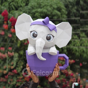 Papercraft 3d cute elephant in cup SVG and PDF, low poly papercraft DIY origami decoration pepakura