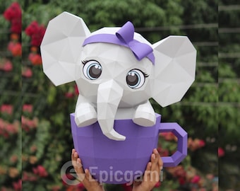 Cute elephant in cup 3d paper craft SVG and PDF, low poly paper craft DIY origami decoration pepakura