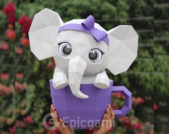 Papercraft 3d lindo elefante en taza SVG y PDF, baja poli papercraft DIY origami decoración pepakura