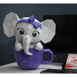 Cute Elephant in Cup 3d Paper Craft SVG and PDF, Low Poly Paper Craft ...