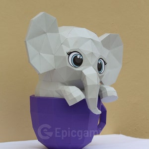 Cute Elephant in Cup 3d Paper Craft SVG and PDF, Low Poly Paper Craft ...