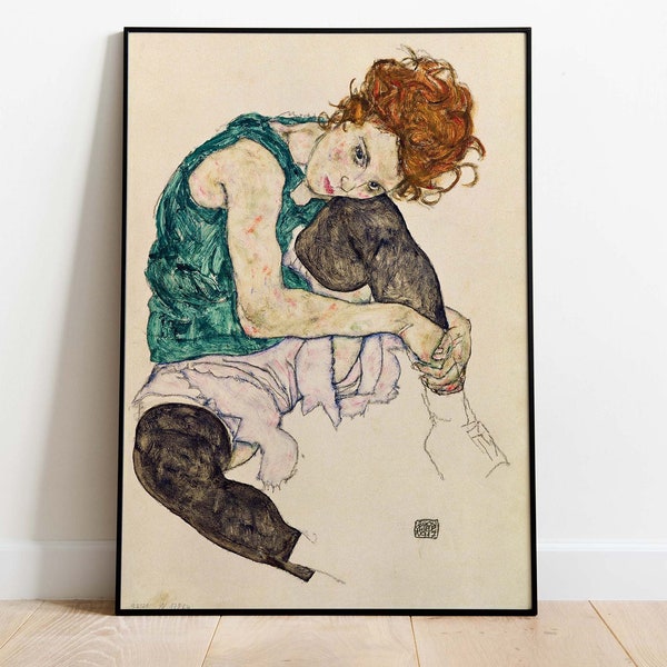 Egon Schiele - Femme assise avec le genou levé, Affiche téléchargeable, Art imprimable, Téléchargement instantané