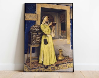 May include: A man in a yellow robe reads a book in a room with blue and white tiled walls. He is standing next to a wooden chest with intricate carvings. The room has a doorway leading to another room.