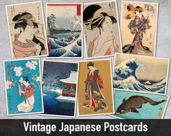 65 Vintage Japanese Postcards, Woodblock Print, Printable Japanese Art, Digital Paper, Instant Download