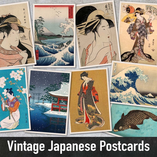 65 Vintage Japanese Postcards, Woodblock Print, Printable Japanese Art, Digital Paper, Instant Download