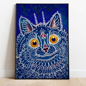 Può includere: Un gatto blu con dettagli bianchi e rossi, dipinto in stile mandala. Gli occhi del gatto sono gialli e lo sfondo è blu scuro.
