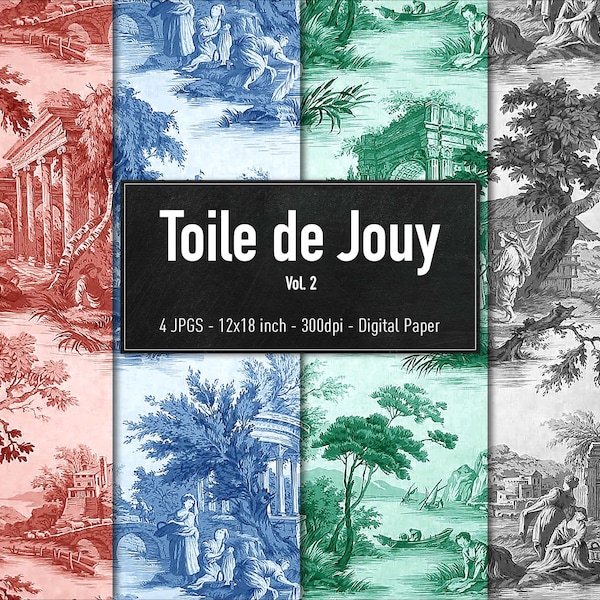 Tissu Toile De Jouy Imprimé Français - Coton, Vert, Largeur 280 Cm, Vente Au Mètre, Neuf, Fabrication France