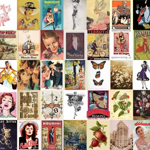 Wall Collage Kit, Mixed Vintage Posters Vol.2, 45 Images of Vintage Photos, Illustrations and Magazine Covers, Instant Download