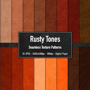 Può includere: Una collezione di 20 texture di carta digitale in tonalità rugginose. Le texture sono senza cuciture e si presentano in una varietà di sfumature di marrone, arancione e rosso. Ogni texture è di 3600x3600 pixel e 300 dpi.