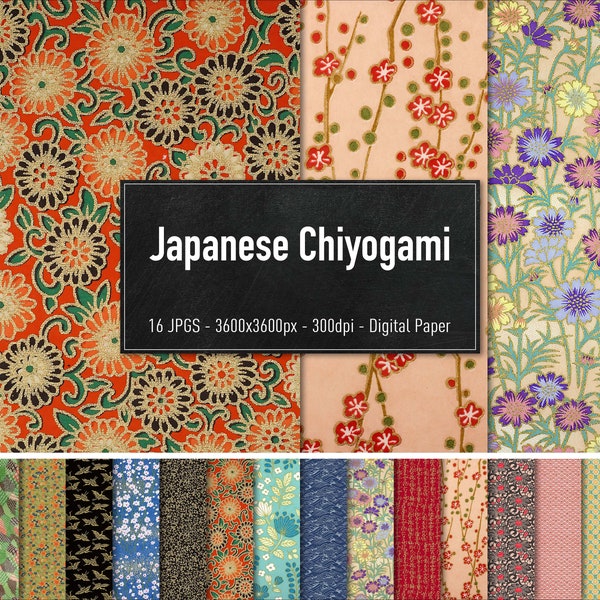 Japanische Chiyogami, 16 verschiedene Bilder, Yuzen Washi Papier, Digitales Origami Papier, Sofortiger Download