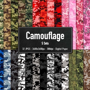 Camouflage Pattern, Set of 32 Different Designs, Vol.1-5, Army Camo Design, Digital Paper, Instant Download