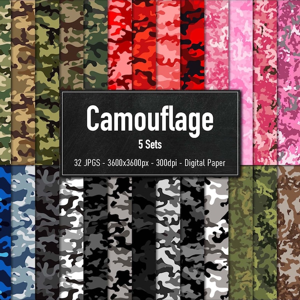Camouflage Pattern, Set of 32 Different Designs, Vol.1-5, Army Camo Design, Papier numérique, Téléchargement instantané
