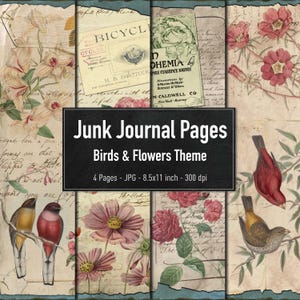 Junk Journal Pages, Birds & Flowers Theme, Vintage Digital Collage Sheets for Scrapbooking, Instant Download