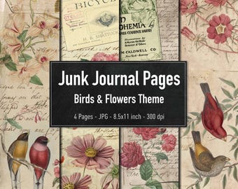 Junk Journal Seiten, Vogel und Blumen Thema, Vintage Collage Sheets für Scrapbooking, Instant Download