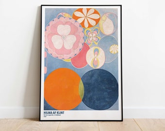 Puede incluir: Impresión de arte abstracto con una composición colorida de círculos superpuestos y una flor en rosa, blanco y naranja. La impresión se titula "The Ten Largest No. 2. Childhood" de Hilma af Klint, 1927.